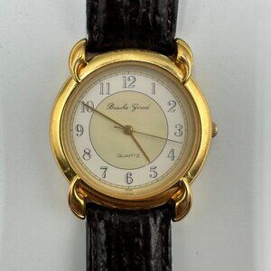 Vintage Bueche Girod Watch Women Gold Tone Brown Leather Band New Battery 9"
